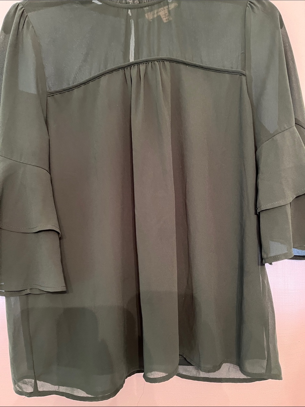Monteau Olive Green Sheer Ruffle Sleeve Blouse